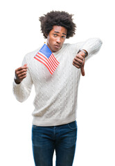 Poster - Afro american man flag of United States of America over isolated background with angry face, negative sign showing dislike with thumbs down, rejection concept