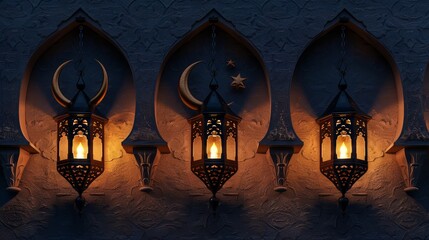 Ramadan crescent on modern wall background. design creative concept of luxury ramadan background