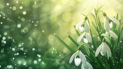 Wall Mural - Blooming snowdrops on green background with sunlight