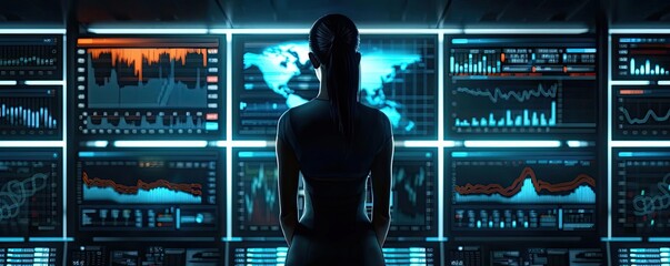 Aufkleber - Person analyzing data on multiple digital screens, showcasing business analytics, cybersecurity, and technology insights.