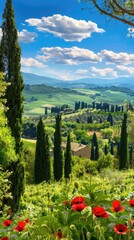 Wall Mural - a beautiful summer landscape featuring green hills with poppies and cypress trees, under a blue sky with clouds.