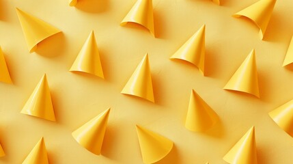 Top view of random yellow objects in order on yellow background. 