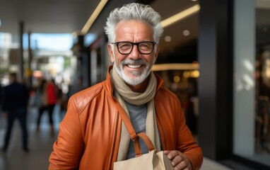 Poster - A man in an orange jacket and scarf is smiling and holding a brown paper bag. He is happy and enjoying his time in the store