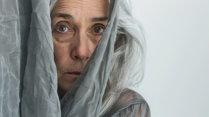 Wall Mural - An elderly woman looks out from behind a white curtain. A piercing look with beautiful eyes.