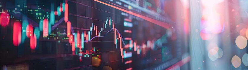 Poster - Close-up view of stock market trading screen showing fluctuating data, charts, and graphs in financial analysis.