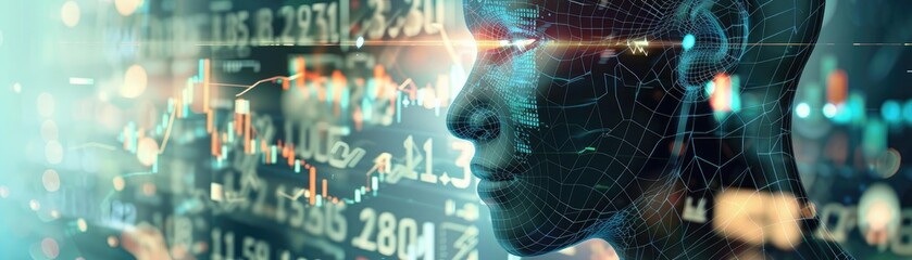 Aufkleber - Close-up of a digital interface blending with a human head, symbolizing artificial intelligence and futuristic technology.