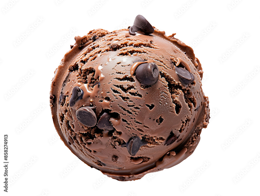 Chocolate chip ice cream scoop, top view, isolated on transparent or ...