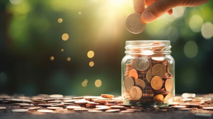 Poster - Photograph of a hand dropping coins into a piggy bank, finance and savings concept
