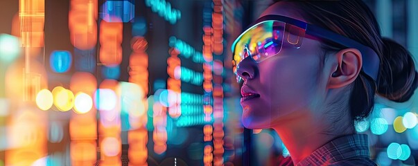Poster - A futuristic concept featuring a young woman with smart glasses analyzing digital data in a vibrant, high-tech environment.