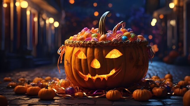 Smiling Halloween pumpkin and candy in orange color generated AI