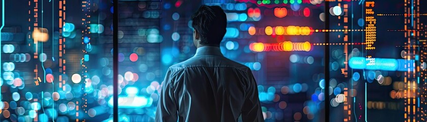 Poster - Businessman gazing at cityscape with digital code overlay, representing technology and data analytics in a modern urban environment.