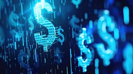 Poster - Digital blue dollar symbols in futuristic online financial technology concept with glowing neon effect background.