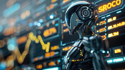 Poster - Futuristic AI robot analyzing stock market data on multiple screens, showcasing advanced technology and data-driven decision making.