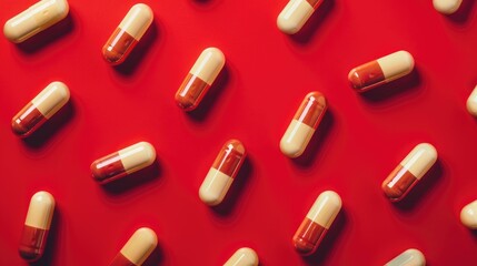 Biohacking concept Pills on red background with text