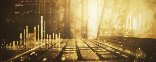 Poster - Abstract golden financial technology background with data charts and computer keyboard representing digital economy and market analysis.