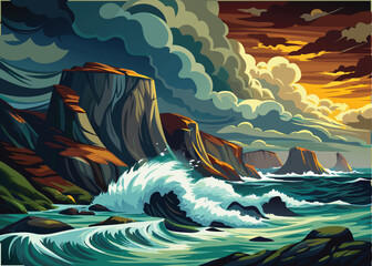 Wall Mural - A dramatic seascape with crashing waves against rocky cliffs under a stormy sky, The waves are powerful and turbulent, creating a moody and atmospheric scene, cartoon illustration vector background