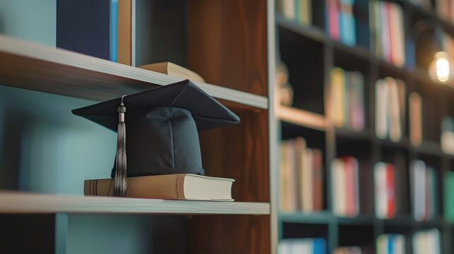 Graduation cap on shelf in modern study room for student with Master s degree