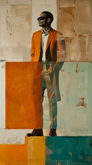 Wall Mural - A man in a bright orange suit stands against a background of abstract, colorful blocks