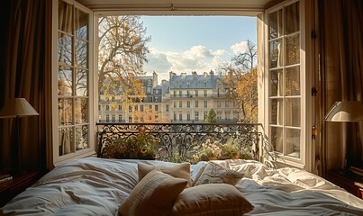 Panoramic beauty unfolds from a charming Parisian window. illustration images