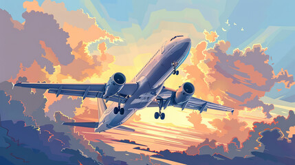 Simple airplane travel opens the background behind itself. Plane journey, romantic travel, tours, cruises, airport advertising, trip abroad on vacation, and plane routes vector illustration banner