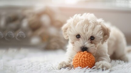 Wall Mural - Adorable Maltipoo puppy playing with toy on a white surface Adorable companion