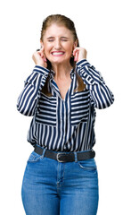 Canvas Print - Middle age mature business woman over isolated background covering ears with fingers with annoyed expression for the noise of loud music. Deaf concept.