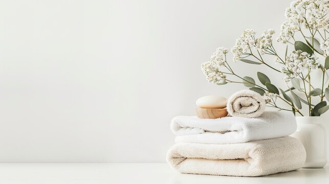 Spa aromatherapy concept with stack of clean towels on white table background, copy space. Generative ai