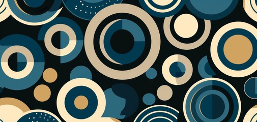 Featuring blue, beige, and white circles in a retro style on a dark background, this abstract geometric seamless pattern exemplifies a minimalist Scandinavian flat design.