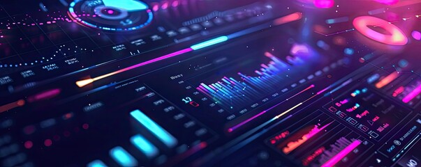 Poster - Futuristic digital interface with vibrant neon colors, holographic charts, and glowing data elements, representing advanced technology and innovation.