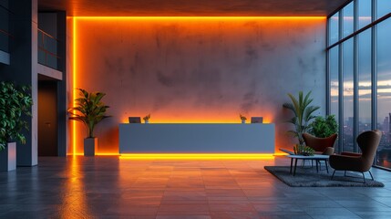 Poster - modern office lobby with orange lighting and city view