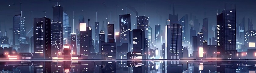 Aufkleber - Futuristic city skyline at night with glowing lights, tall skyscrapers, and a serene blue hue reflecting off the water below.
