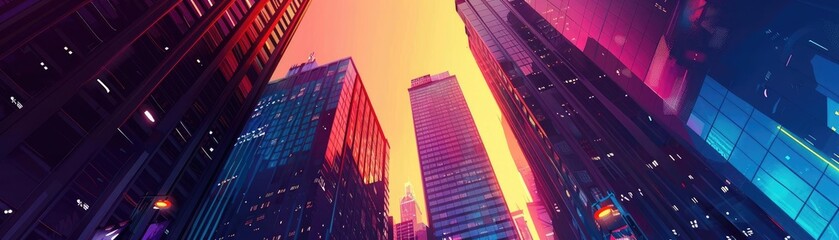 Poster - Vibrant futuristic cityscape with tall skyscrapers and neon lights at sunset, capturing urban architecture and modern design in a colorful glow.