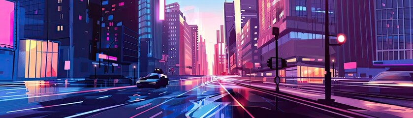 Aufkleber - Futuristic cityscape at dusk with neon lights and sleek skyscrapers reflecting on wet streets, showing a vibrant urban night scene.