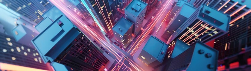 Aufkleber - Top view of a futuristic cityscape with vibrant neon lights illuminating tall buildings and streets in a modern urban setting.