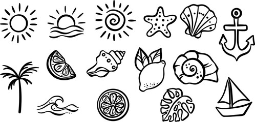 summer illustration graphic elements, hand drawn doodles, icon or sticker set line art