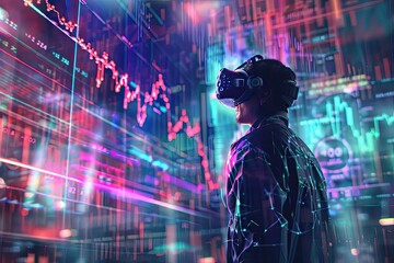 Aufkleber - Person wearing VR headset analyzing digital data in a futuristic neon-lit environment, representing virtual reality and technology trends.