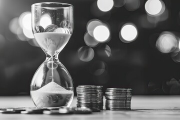 There is a black and white image of an hourglass next to piles of coins