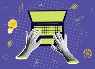 Halftone collage business design, website design, development, programming, seo. Hands with a laptop coding, ideas, a lightbulb. Digital art concept. Fully vector collage Illustration