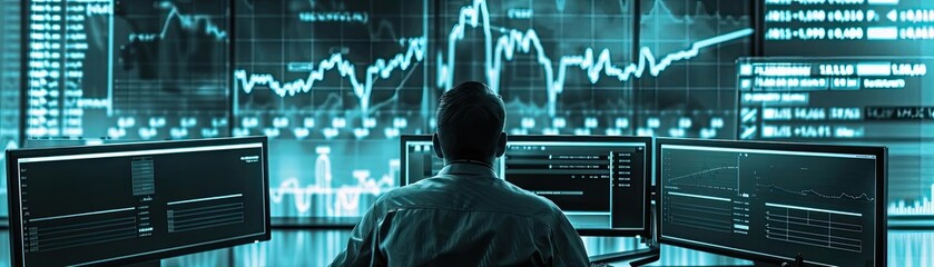 Poster - A trader analyzing financial data on multiple screens in a modern office with blue hues, focusing on stock market trends and investment decisions.