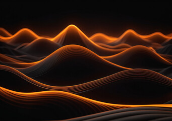 Wall Mural - 3D rendered landscape of orange waves with glowing edges on a dark background. Digital art of orange wave made from lines with black background. Futuristic and abstract concept.