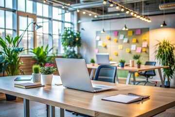  laptop on a desk in a tech startup office, with modern decor, whiteboards 