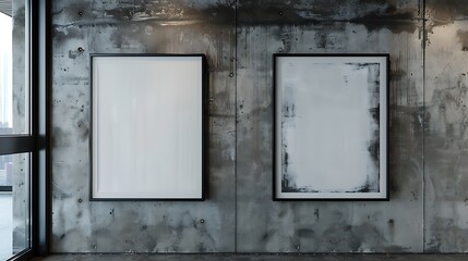 An industrial-style loft with a concrete gray wall showcasing two large black frames side by side. The textures of the concrete wall contrast with the smoothness of the frames.