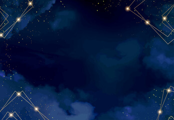 Wall Mural - magic night dark blue sky with sparkling stars. gold glitter powder splash vector background. golden
