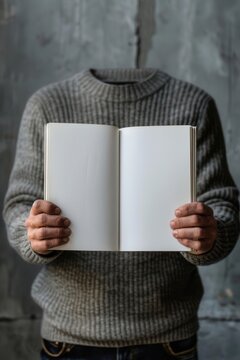 Person holding an open white book with blank pages, closeup shot, bright and clear lighting, detailed view of the interior, minimalist style