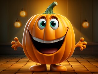 Wall Mural - Cartoon pumpkin is a 3D character, a funny vegetable with eyes and a smile. Halloween concept. autumn .