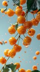 Wall Mural - cherry berries float in the air. ripe harvest, splashes of water. levitation.