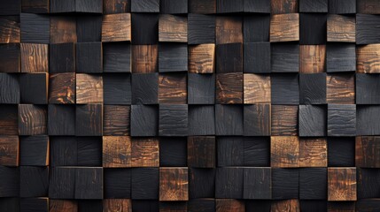 Poster - Wooden square cubes texture background banner panorama - Dark brown black rustic wood timber wall