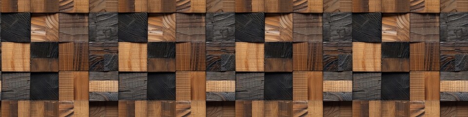 Wall Mural - Wooden square cubes texture background banner panorama, seamless pattern - Dark brown black rustic wood timber wall