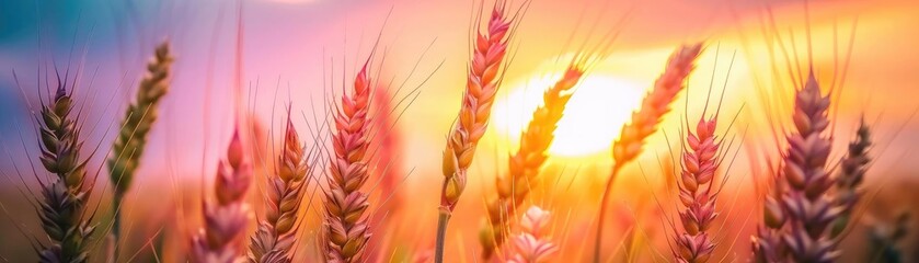 Poster - Golden wheat stalks glowing under a colorful sunset sky, creating a serene and vibrant nature background.