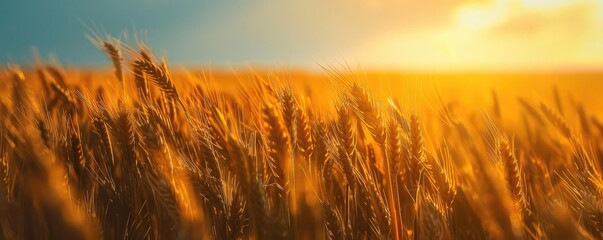 Poster - Golden wheat field glowing under the setting sun, showcasing the beauty of agriculture and the harvest season in a serene rural landscape.